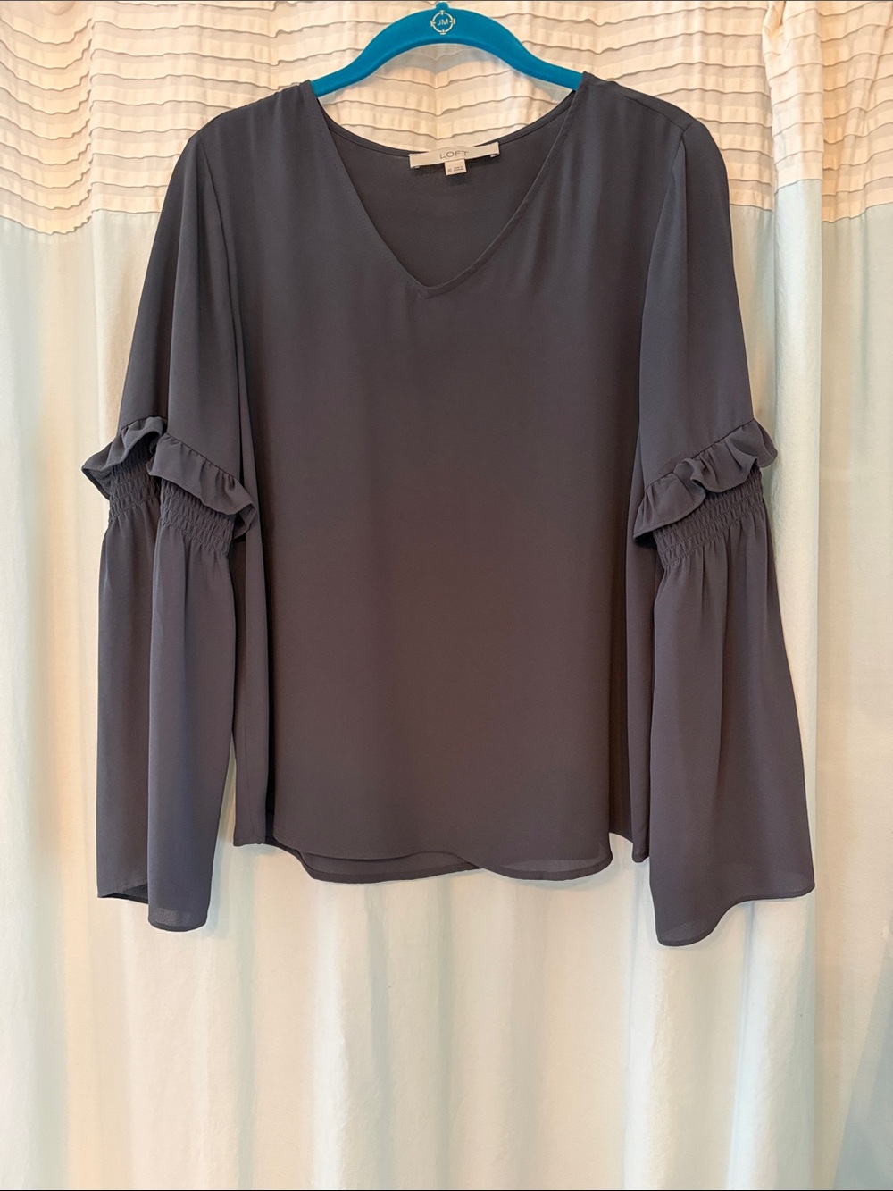 LOFT Slate Gray Ruffle-Sleeve V-Neck Blouse